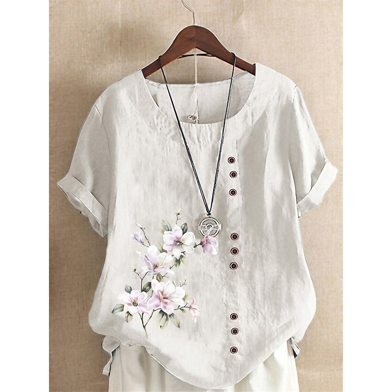Linen Floral Button Print Blouse
