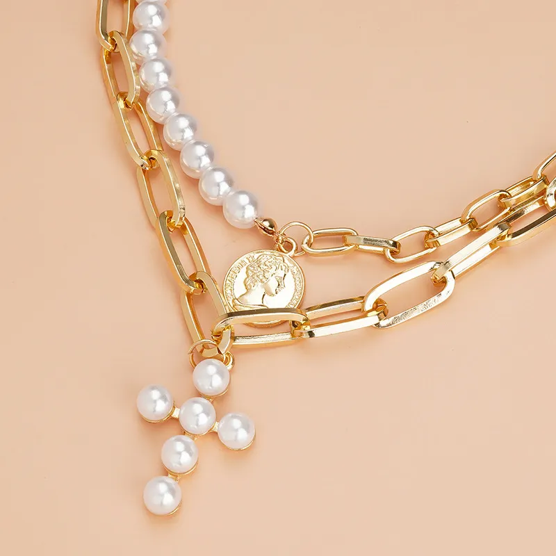 Portrait Cross Imitation Pearl Double Layer Necklace