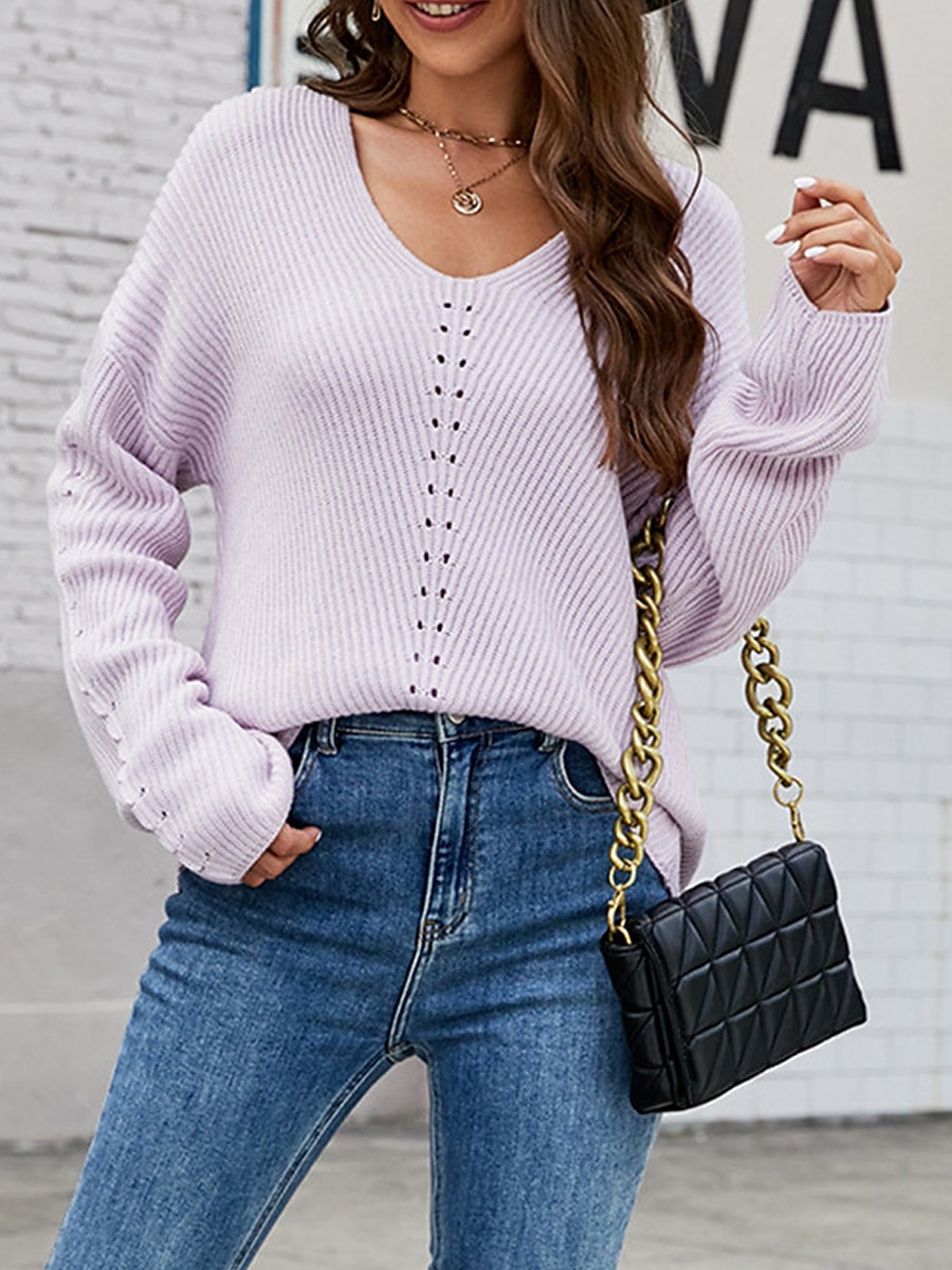 V-Neck Ribbed Knit Sweater Blue & Light Purple Hollow Out Knit