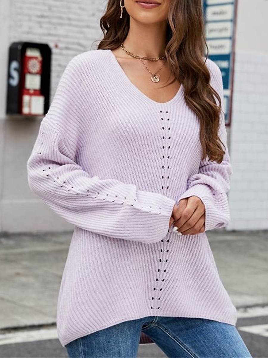 V-Neck Ribbed Knit Sweater Blue & Light Purple Hollow Out Knit