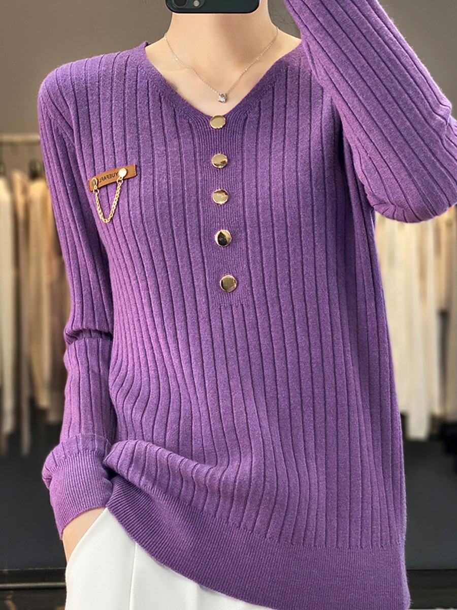 V-Neck Ribbed Knit Button Sweater Black & White Soft Knitwear