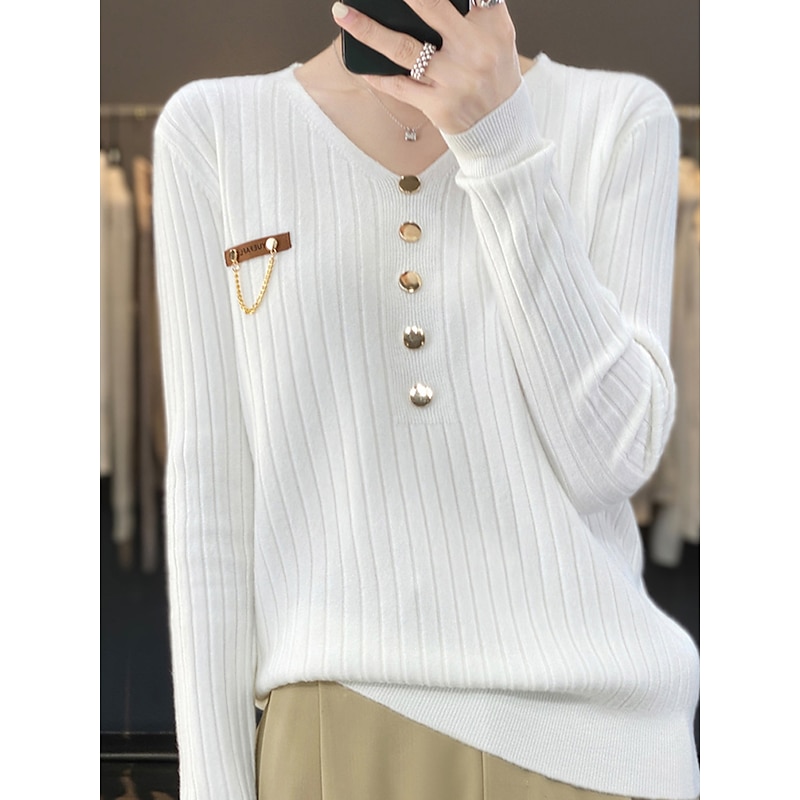 V-Neck Ribbed Knit Button Sweater Black & White Soft Knitwear