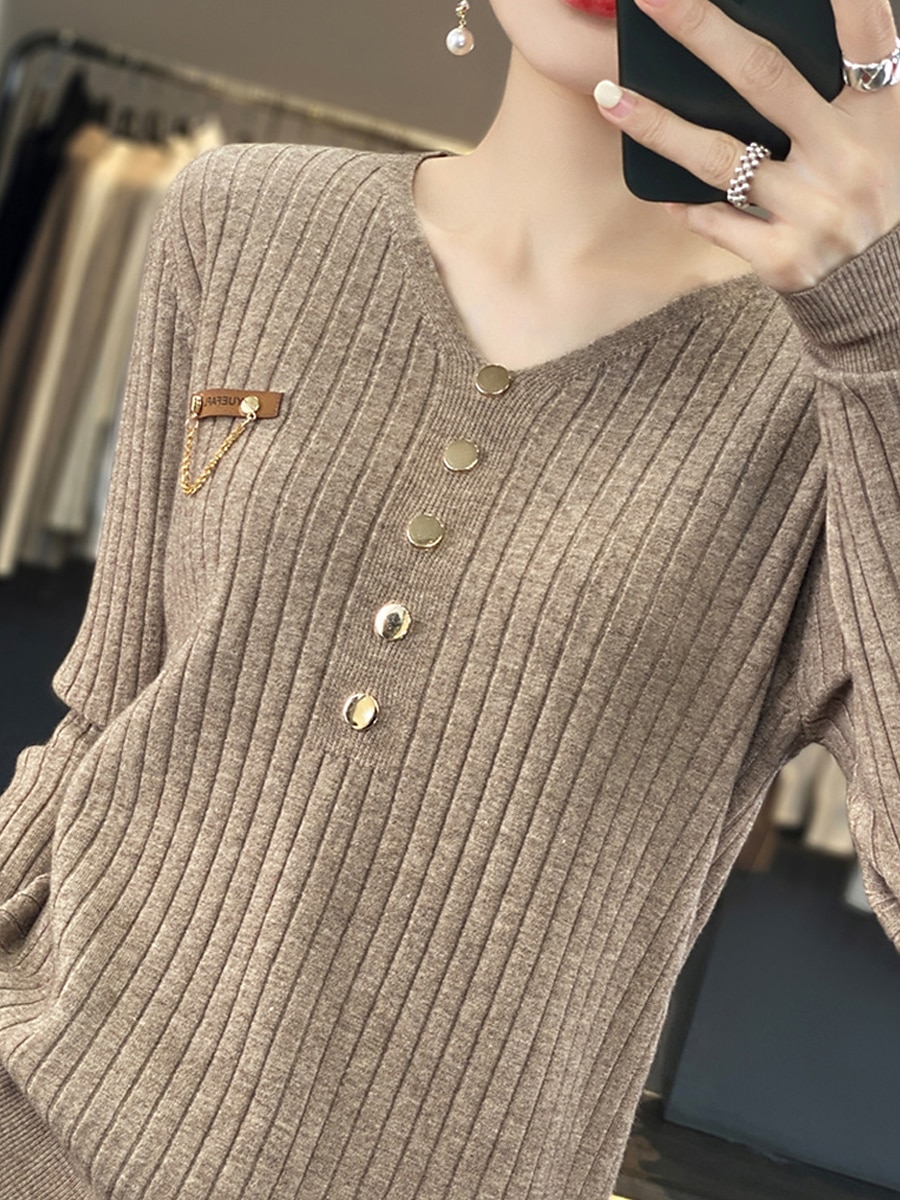 V-Neck Ribbed Knit Button Sweater Black & White Soft Knitwear