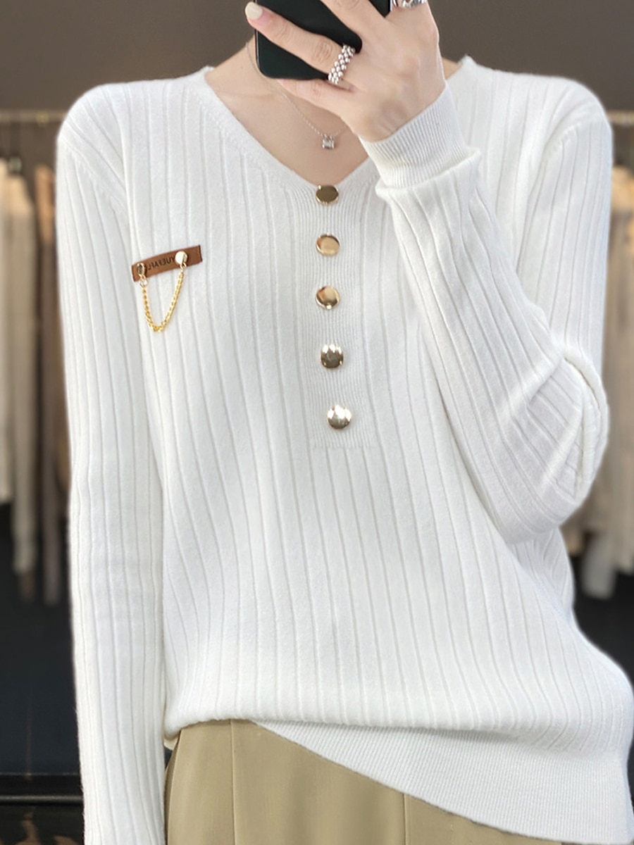 V-Neck Ribbed Knit Button Sweater Black & White Soft Knitwear