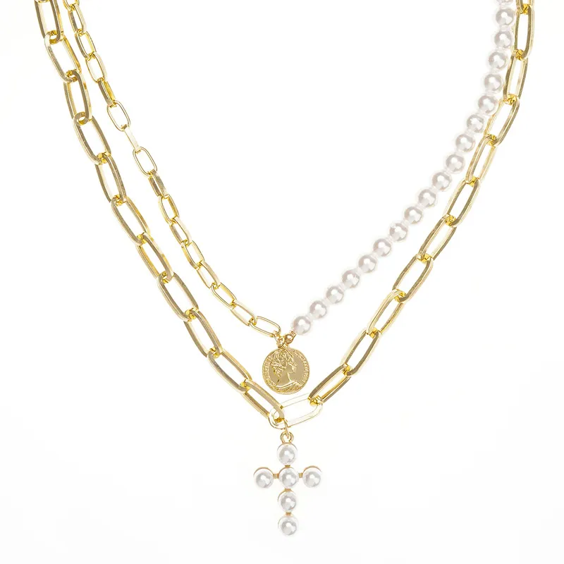 Portrait Cross Imitation Pearl Double Layer Necklace