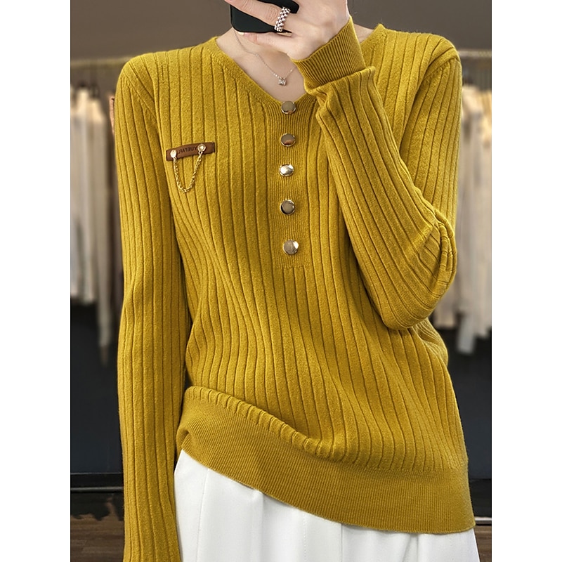 V-Neck Ribbed Knit Button Sweater Black & White Soft Knitwear