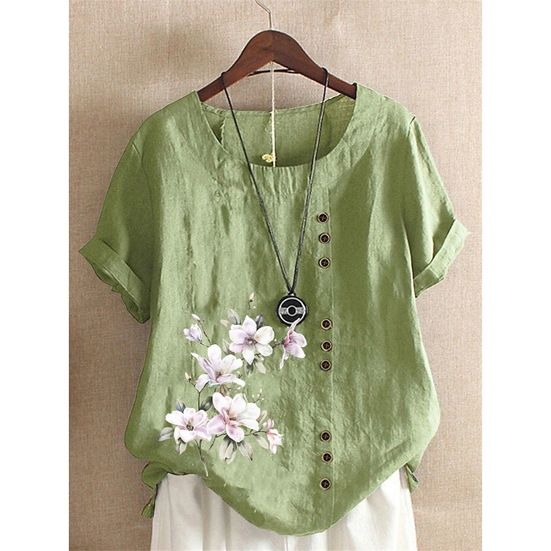 Linen Floral Button Print Blouse
