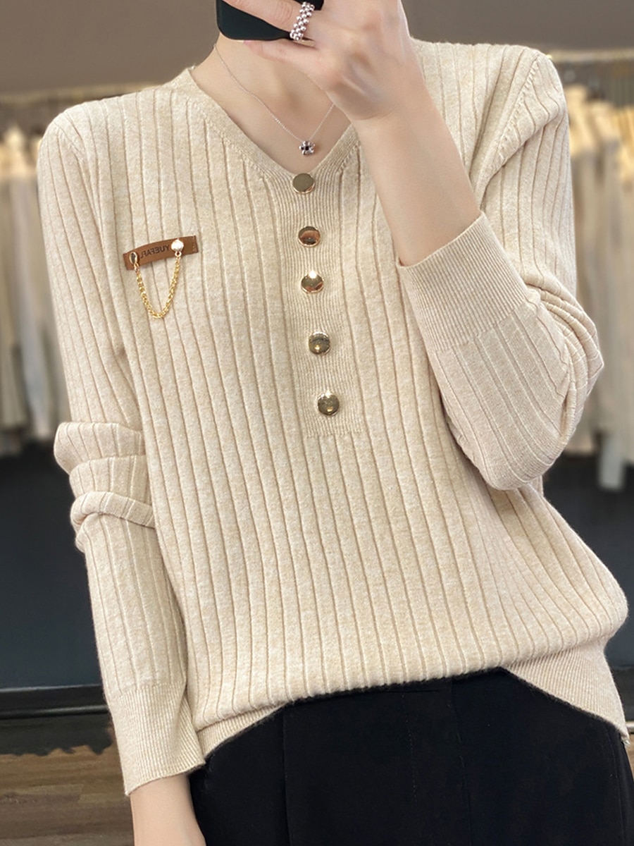 V-Neck Ribbed Knit Button Sweater Black & White Soft Knitwear
