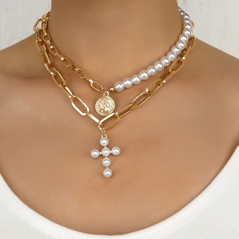 Portrait Cross Imitation Pearl Double Layer Necklace