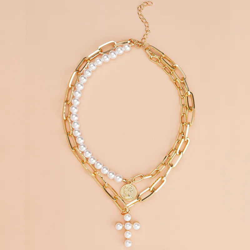 Portrait Cross Imitation Pearl Double Layer Necklace
