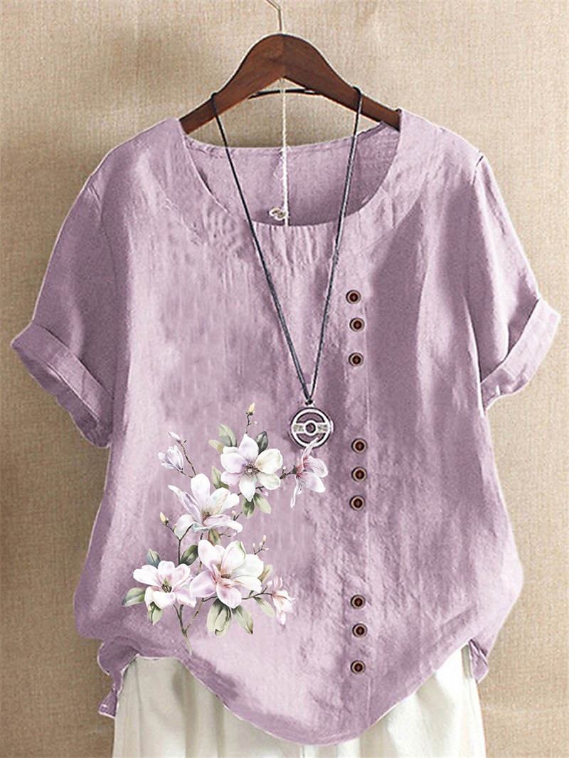 Linen Floral Button Print Blouse