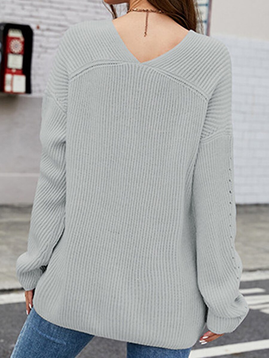 V-Neck Ribbed Knit Sweater Blue & Light Purple Hollow Out Knit