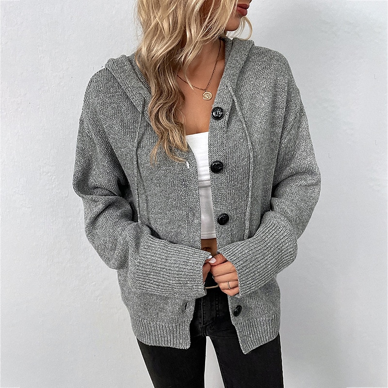 Hooded Button Crochet Knit Cardigan Black & White Holiday Style