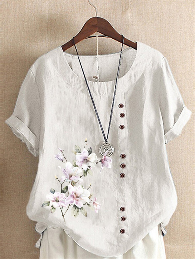 Linen Floral Button Print Blouse