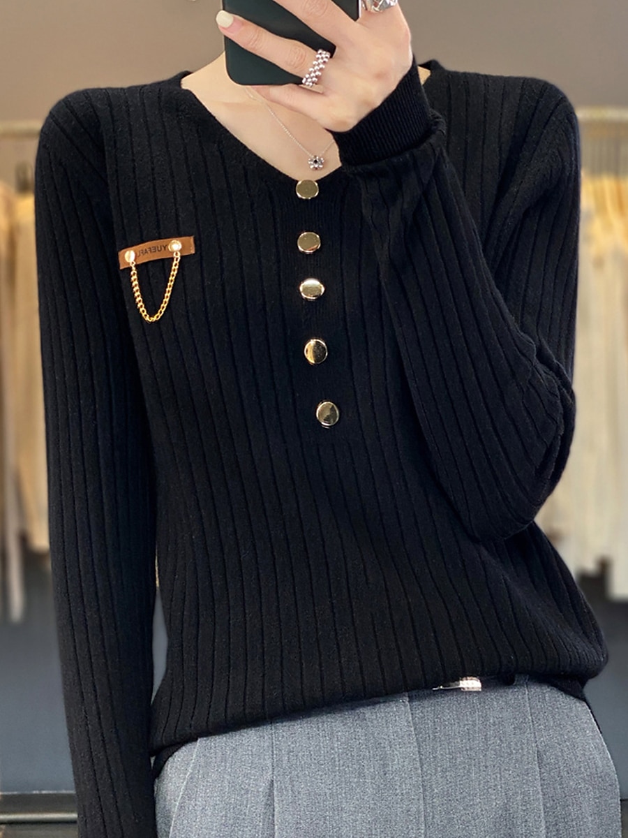 V-Neck Ribbed Knit Button Sweater Black & White Soft Knitwear