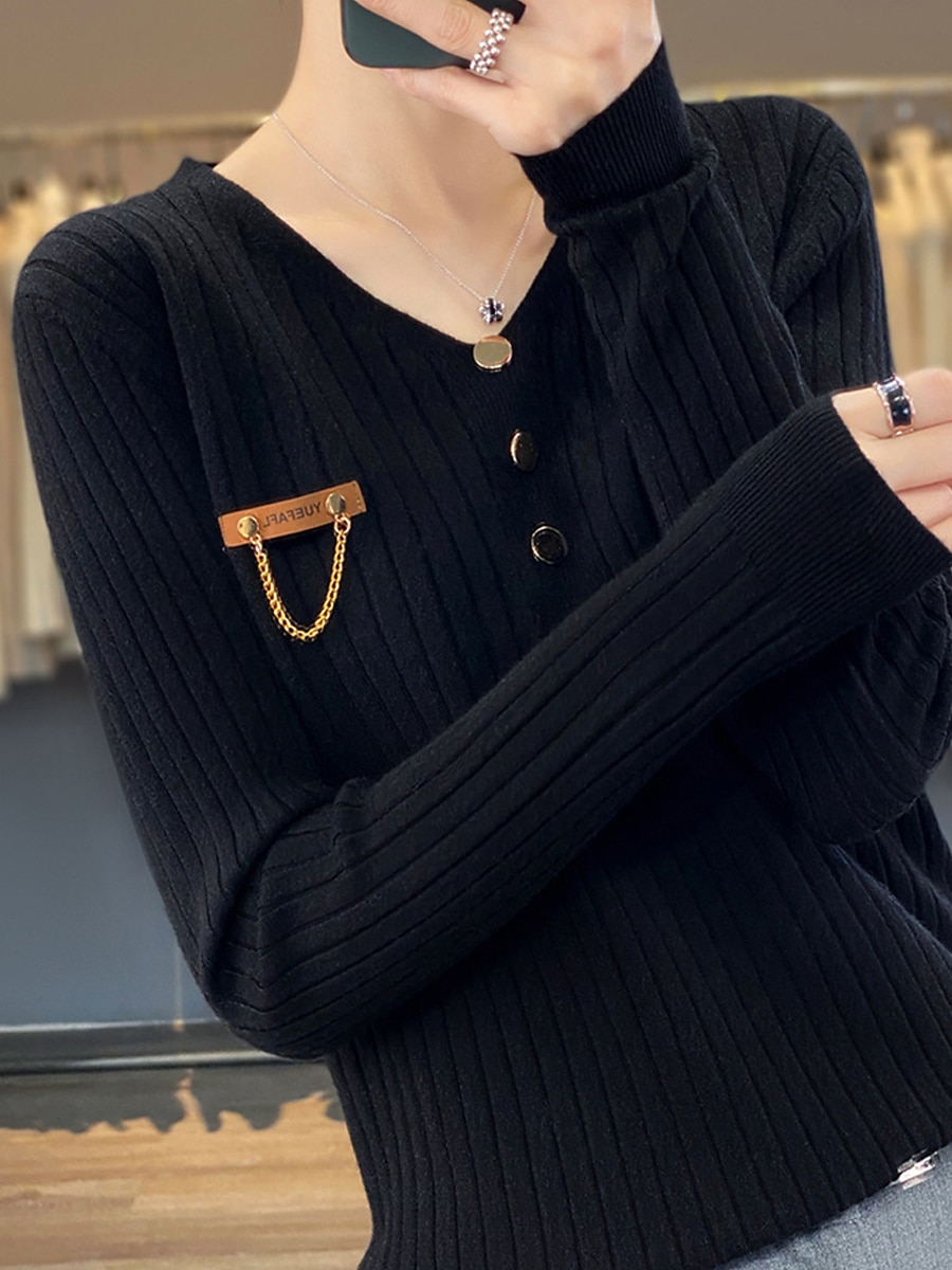 V-Neck Ribbed Knit Button Sweater Black & White Soft Knitwear