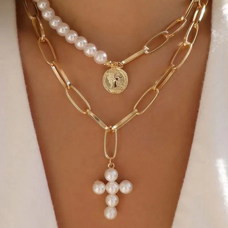 Portrait Cross Imitation Pearl Double Layer Necklace