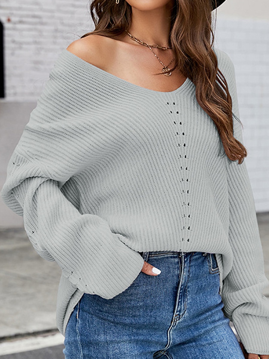 V-Neck Ribbed Knit Sweater Blue & Light Purple Hollow Out Knit