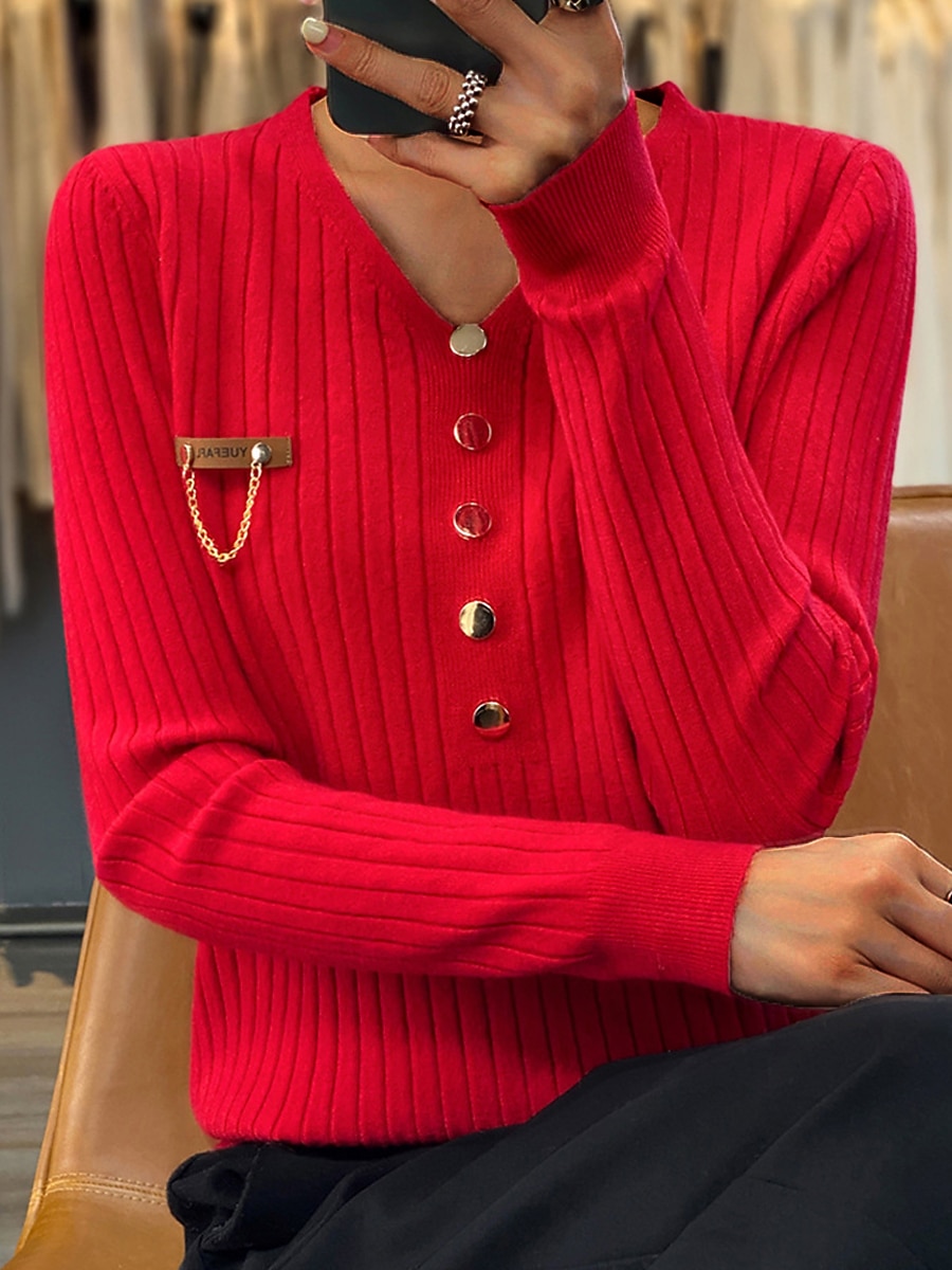 V-Neck Ribbed Knit Button Sweater Black & White Soft Knitwear