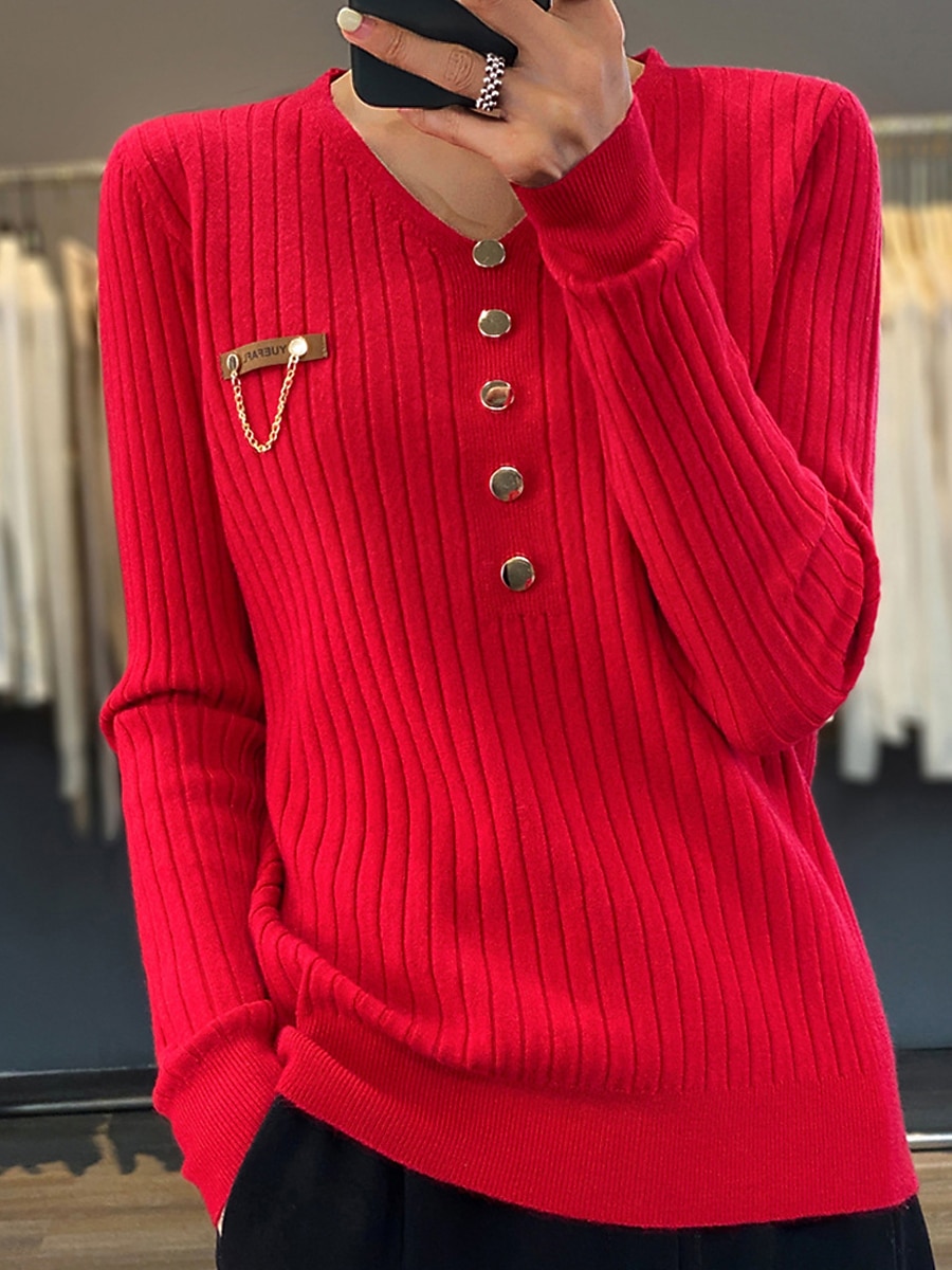 V-Neck Ribbed Knit Button Sweater Black & White Soft Knitwear