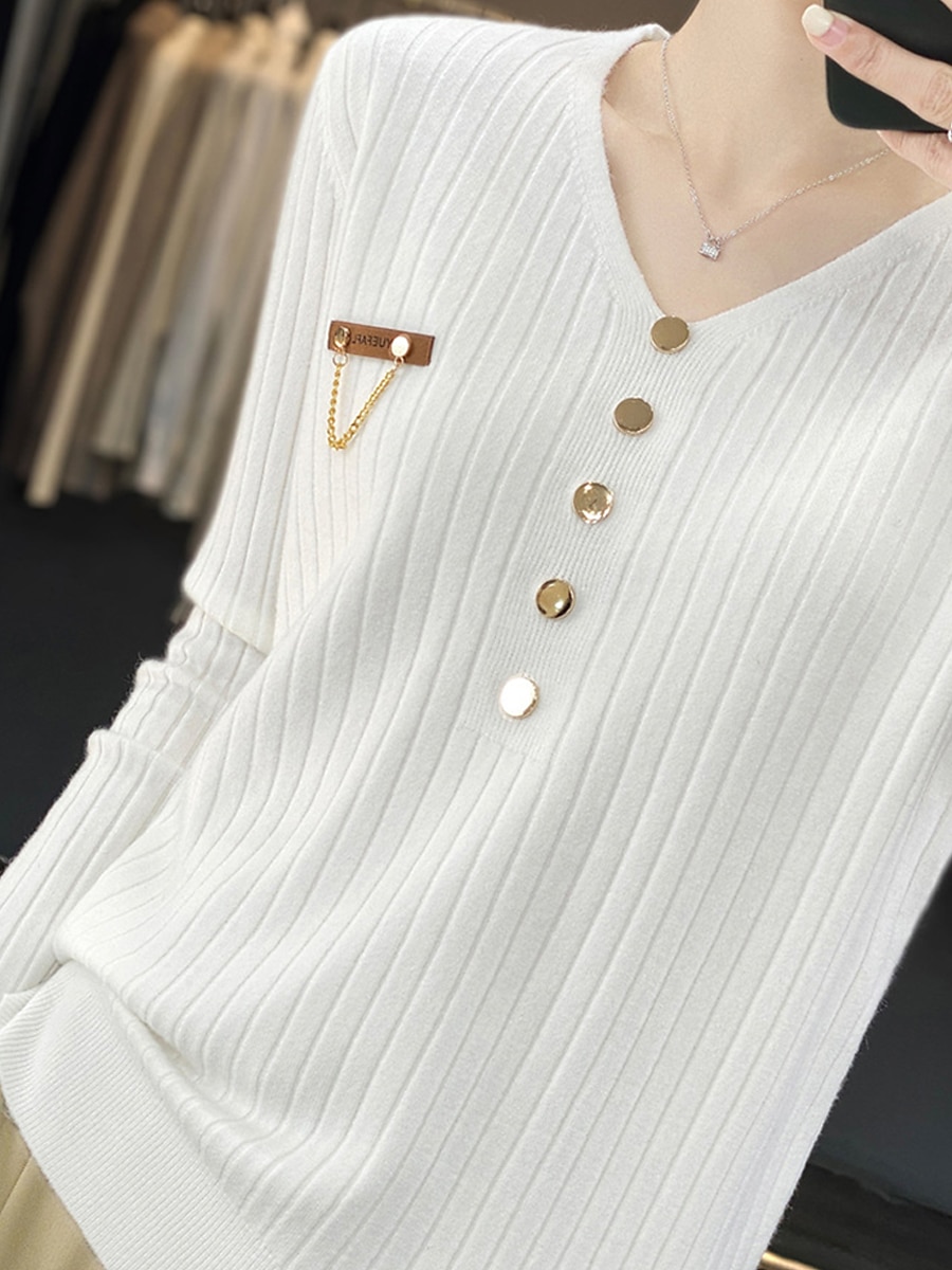 V-Neck Ribbed Knit Button Sweater Black & White Soft Knitwear