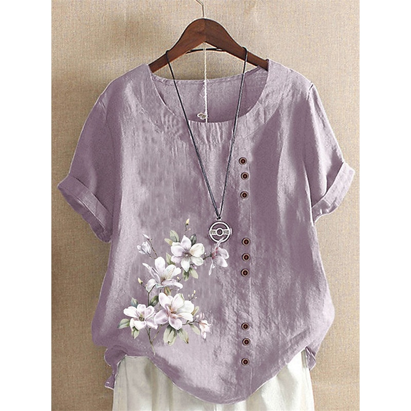 Linen Floral Button Print Blouse