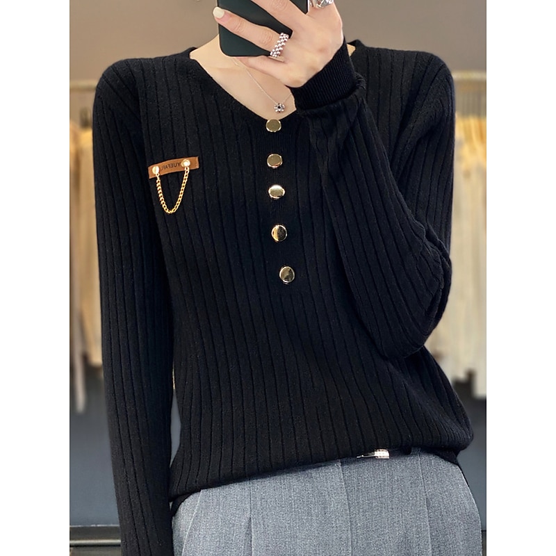 V-Neck Ribbed Knit Button Sweater Black & White Soft Knitwear