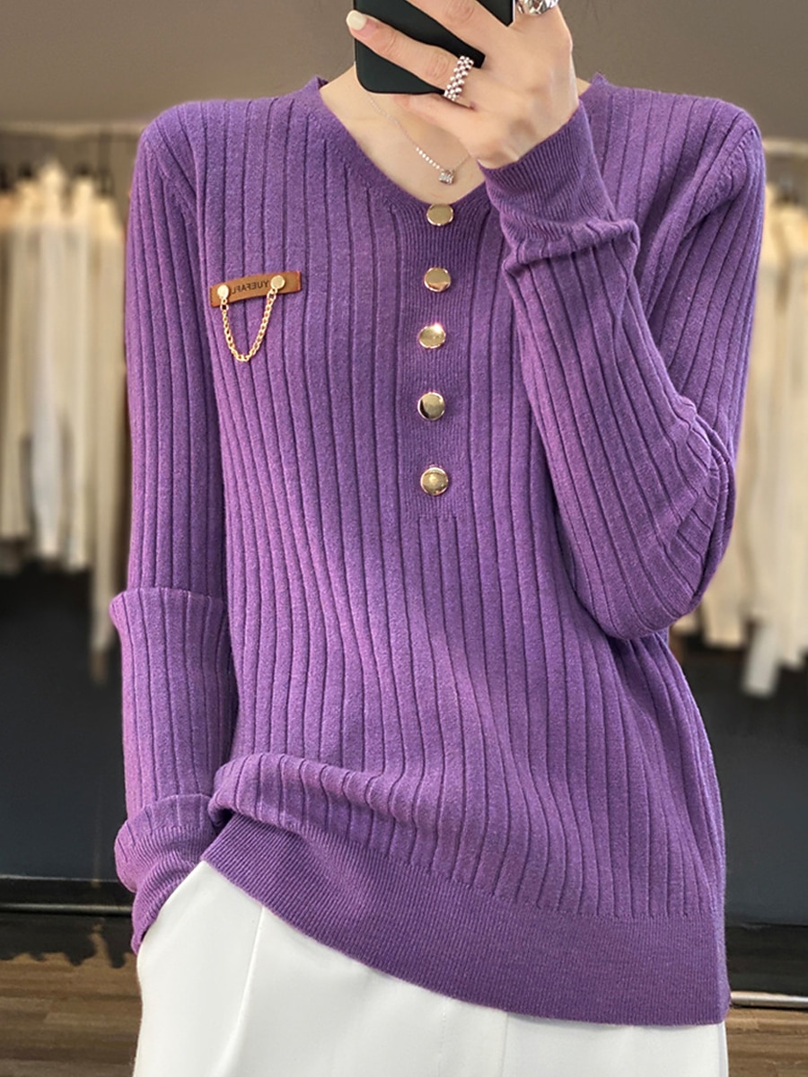 V-Neck Ribbed Knit Button Sweater Black & White Soft Knitwear