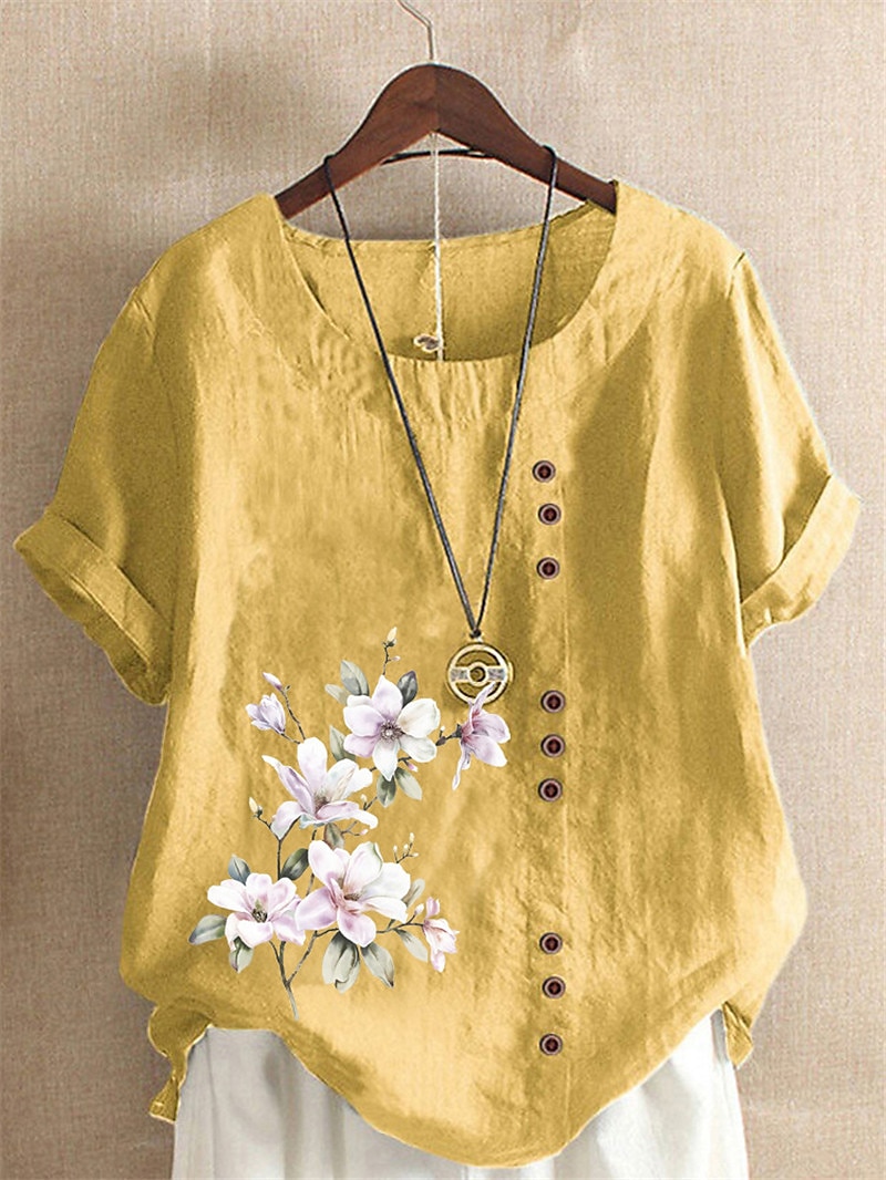 Linen Floral Button Print Blouse
