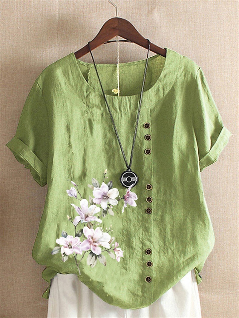 Linen Floral Button Print Blouse