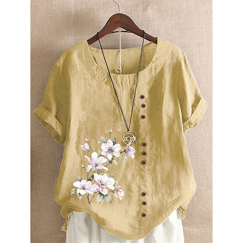 Linen Floral Button Print Blouse