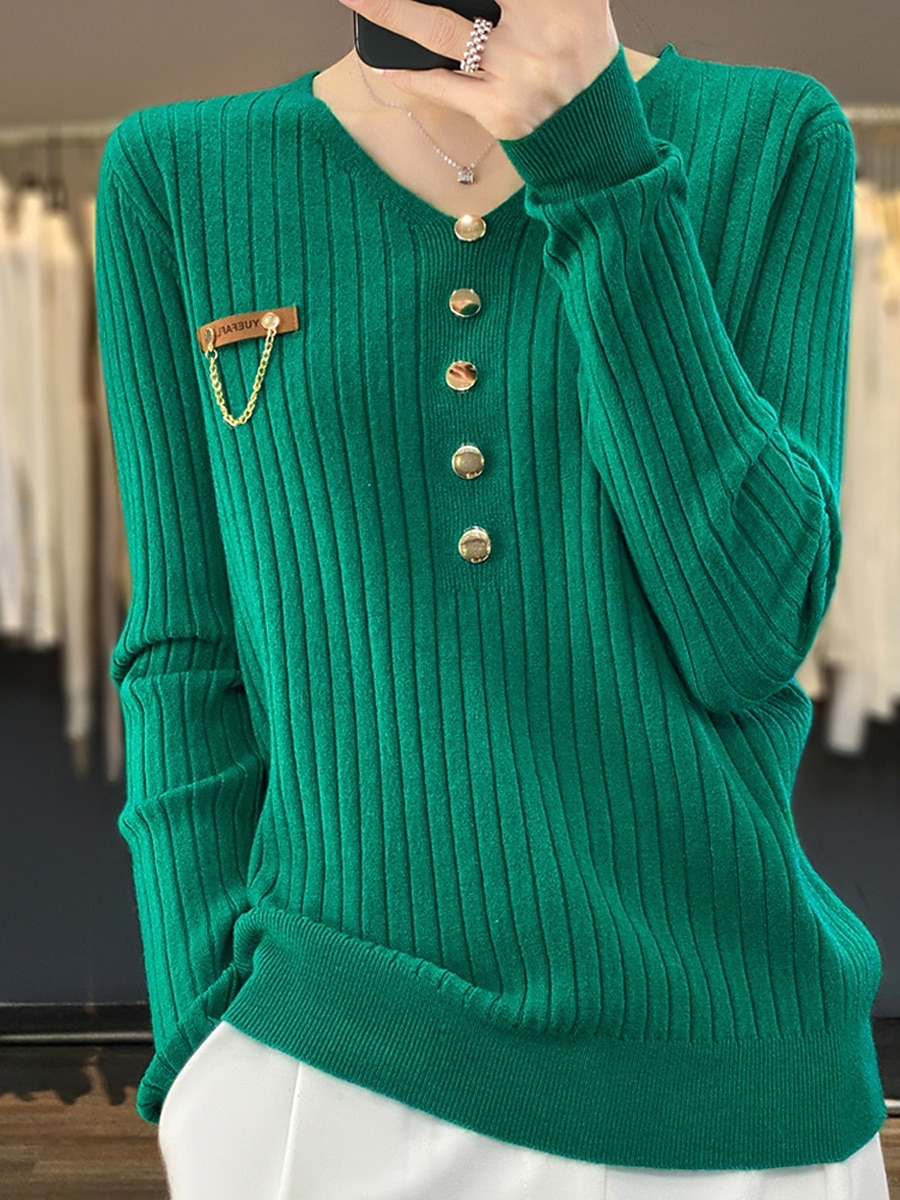 V-Neck Ribbed Knit Button Sweater Black & White Soft Knitwear